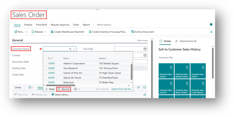 Recent option in the Customer Name lookup on a Business Central sales order
